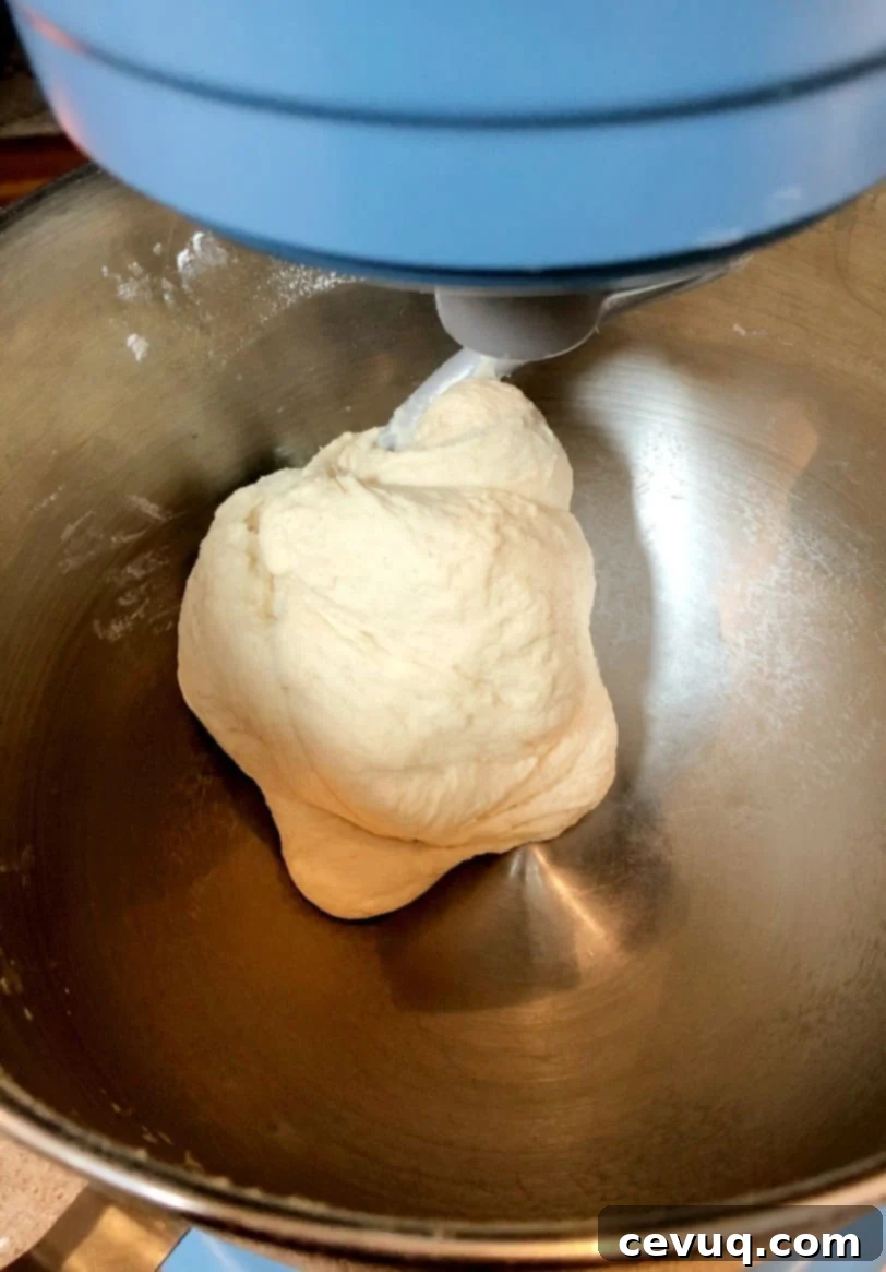 Συνταγή ζύμης πίτσας χωρίς ζύμωμα 6 easy pizza dough in stand mixer on dough hook.
