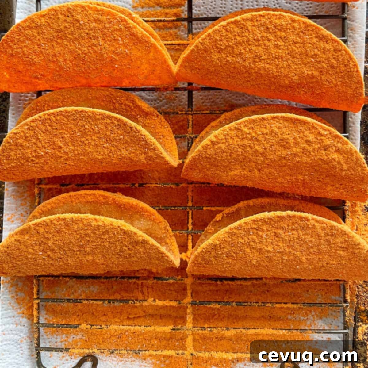 Η Συνταγή για Σπιτικά Doritos Locos Tacos 7 Τηγανισμένες φωλιές τάκο με σκόνη τυριού νάτσο.