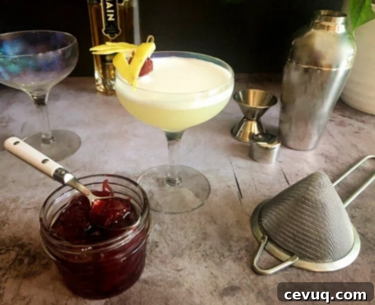 Κοκτέιλ Τζιν με Άνθη Κουφοξυλιάς 3 gin elderflower cocktail with cherry garnish and bar tools