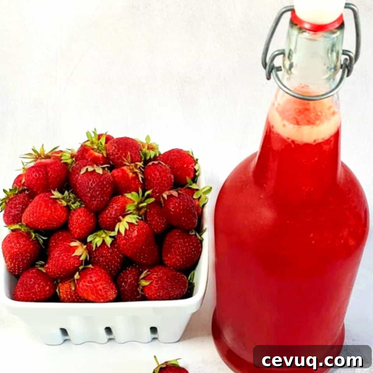 Οξυμέλι Φρέσκων Φρούτων 2 strawberry shrub in a bottle and fresh strawberries.