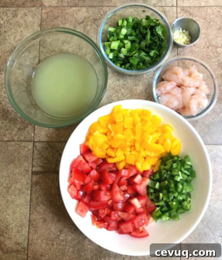 Το Απόλυτο Σεβίτσε Γαρίδας 4 fresh shrimp ceviche ingredients.