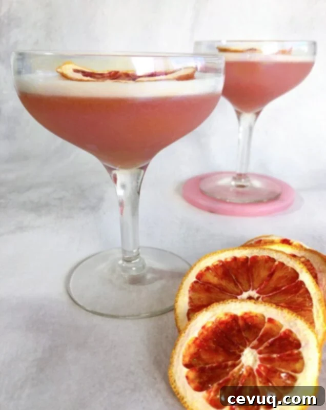 Σαγκουίνι Πίσκο Σάουρ 3 Δύο ποτήρια Pisco Sour κοκτέιλ με φέτες αιματόπορτου για γαρνιτούρα, τοποθετημένα σε ξύλινο τραπέζι.