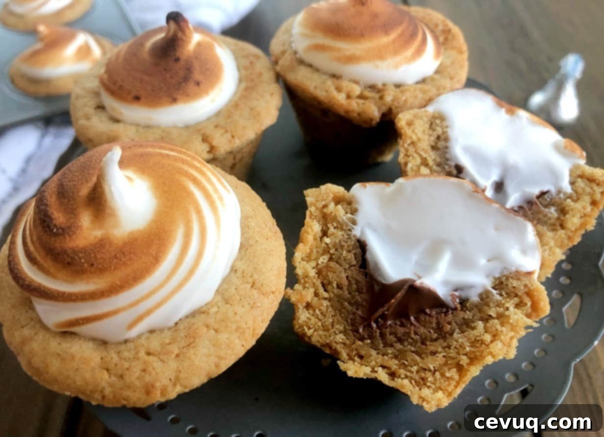 Φωλιές Μαρέγκας με Ζαχαρωτά και Σοκολάτα 12 S'mores Cup κομμένο στη μέση σε ένα πιάτο, δείχνοντας τις στρώσεις του.
