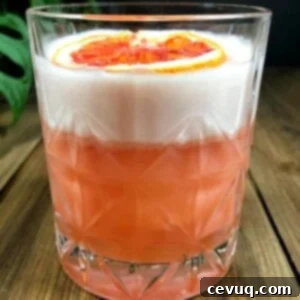Σαγκουίνι Ουίσκι Σάουερ 6 Ένα Blood Orange Whiskey Sour με γαρνιτούρα μια φέτα από αίμα πορτοκάλι.