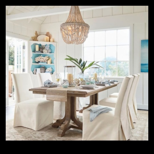 Ποιες είναι μερικές συμβουλές για τη διακόσμηση μιας υπαίθριας τραπεζαρίας με παραθαλάσσια ατμόσφαιρα;