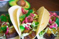 Pork Belly Tacos with Pickled Onion, Roasted Pineapple & Avocado Lime Crema