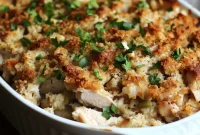 Rotisserie Chicken Stuffing Casserole with Cheesy Herb Sauce