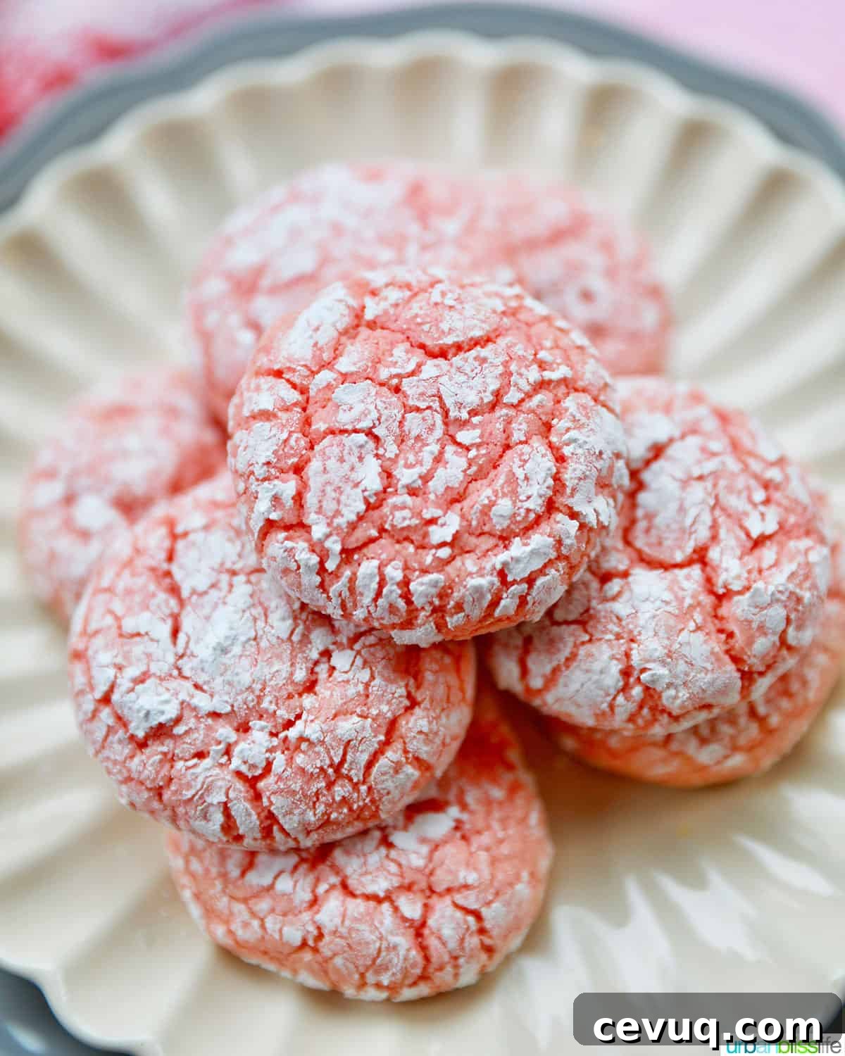 strawberry crinkle cookies on a plate