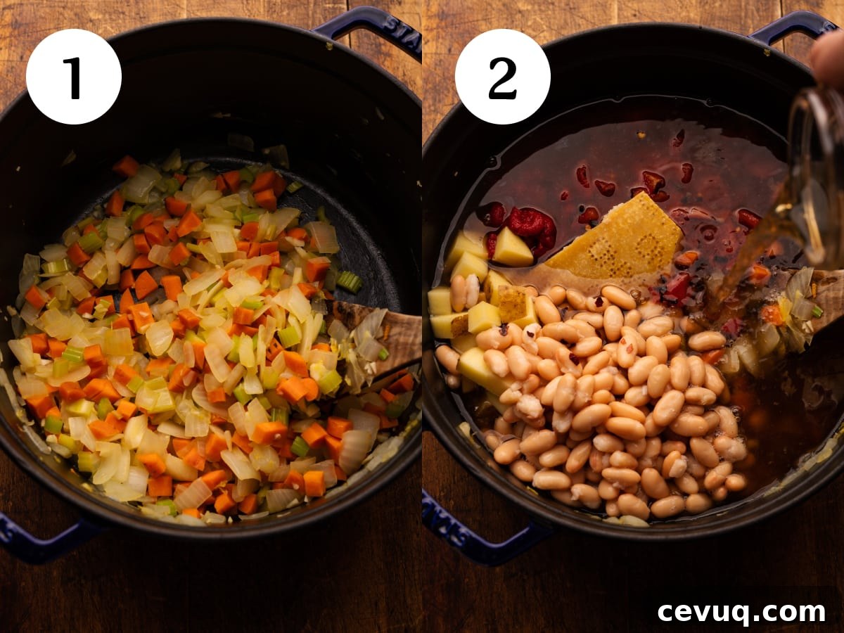 A collage of two photos showing how to make minestrone soup. The first photo is a cast iron pot with diced vegetables being sauteed. The second photo is white beans and diced tomatoes being added to the pot with broth. 