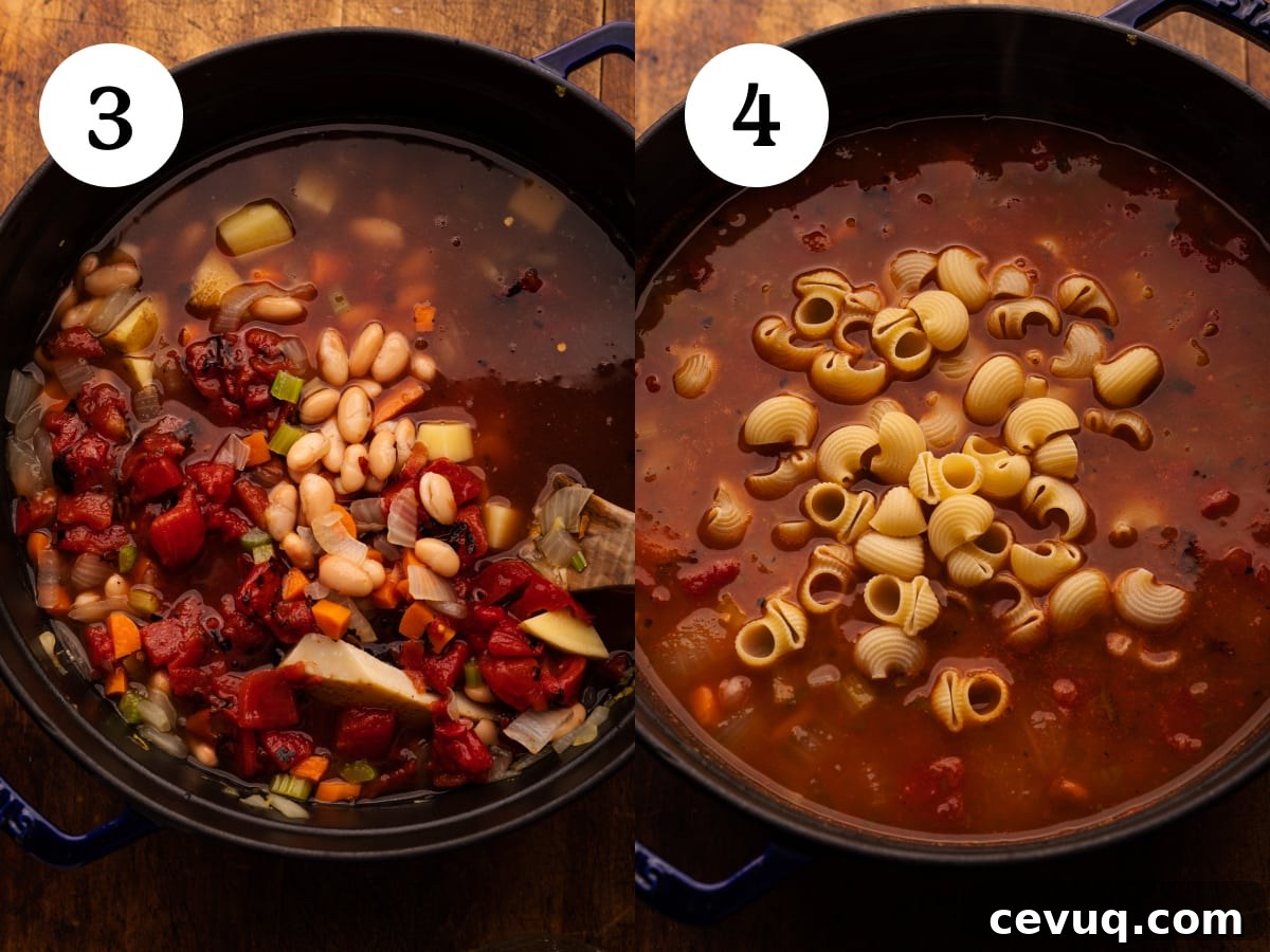A collage of two photos showing how to make minestrone soup. The first photo is step 3 showing the broth being poured into a cast iron pot with white beans and tomatoes. The second photo is step four showing the pasta noodles being added to the soup. 