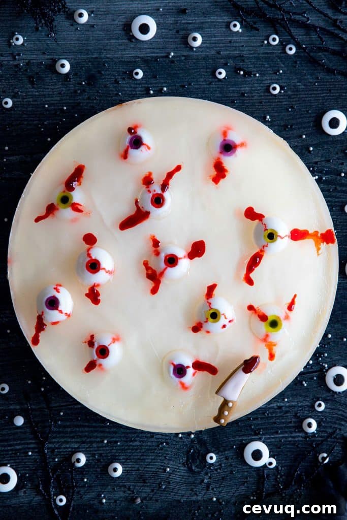 Top view of spooky eyeball no-bake cheesecake