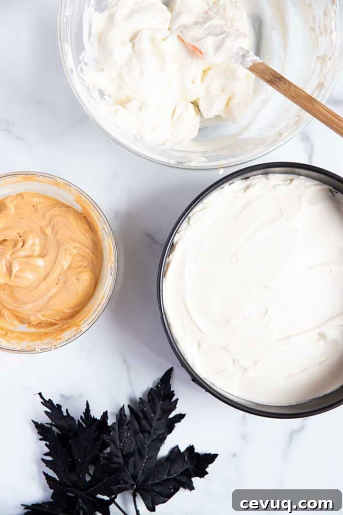 a layer of cheesecake in a cake pan next to a bowl with pumpkin caramel cheesecake and plain cheesecake