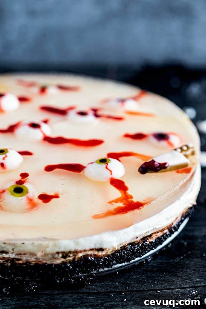 Halloween No Bake cheesecake with bloody creepy eyeballs