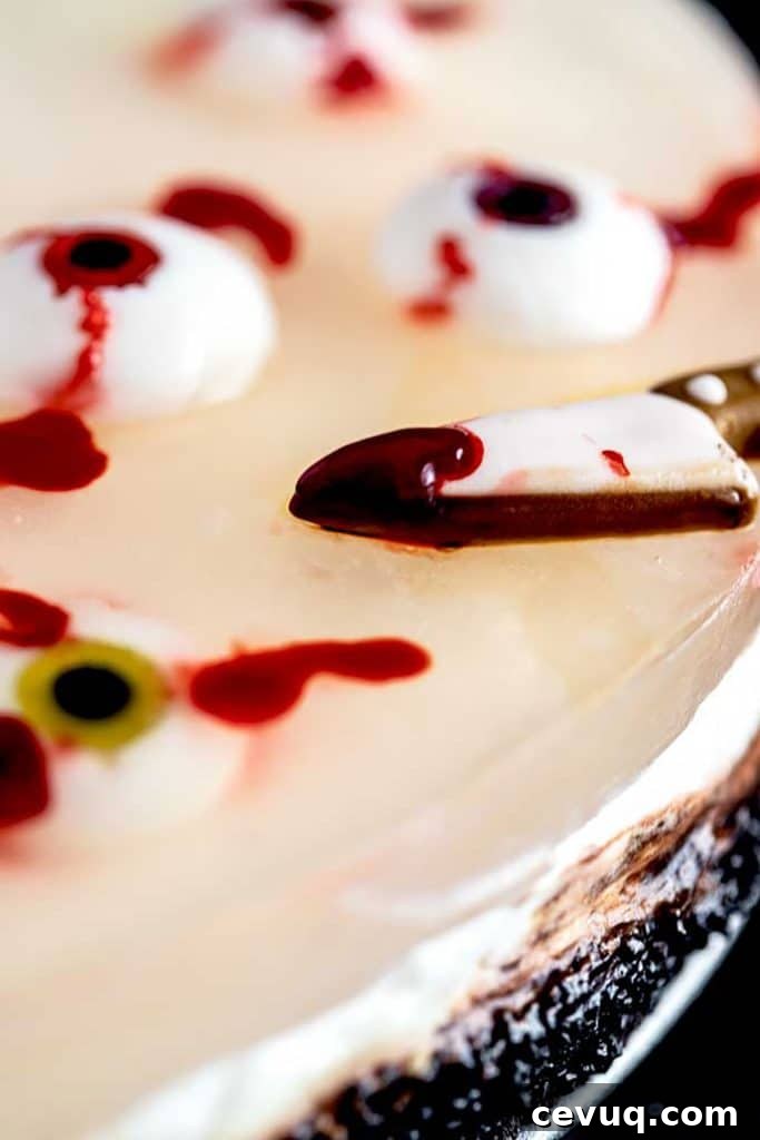 Close up of the cheesecake jello layer with bloody faux eyeballs