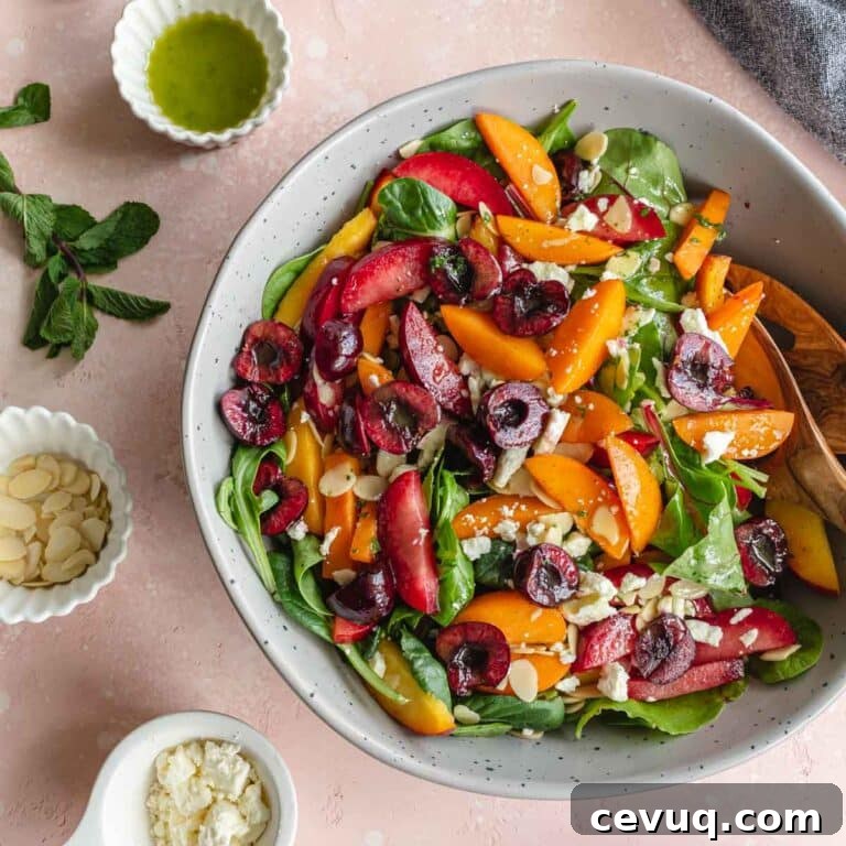 Overhead of stone fruit salad in a grey bowl with vinaigrette and other toppings on the side.