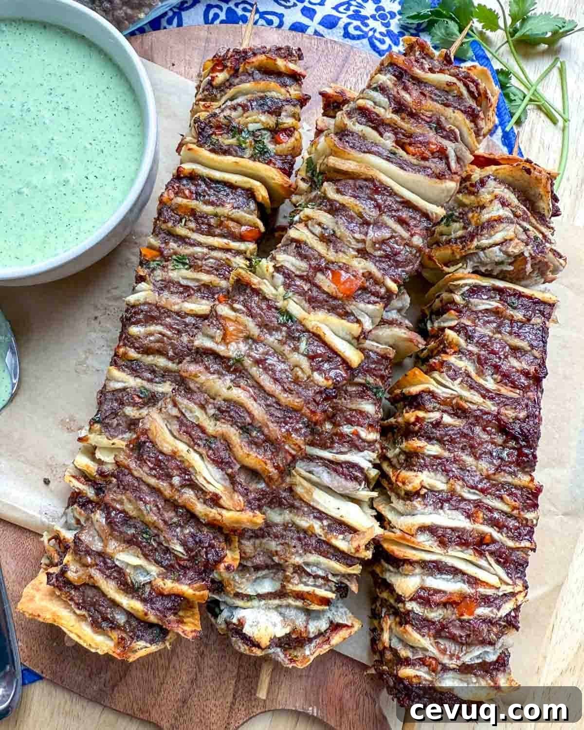 tortilla kebab skewers on a cutting board.