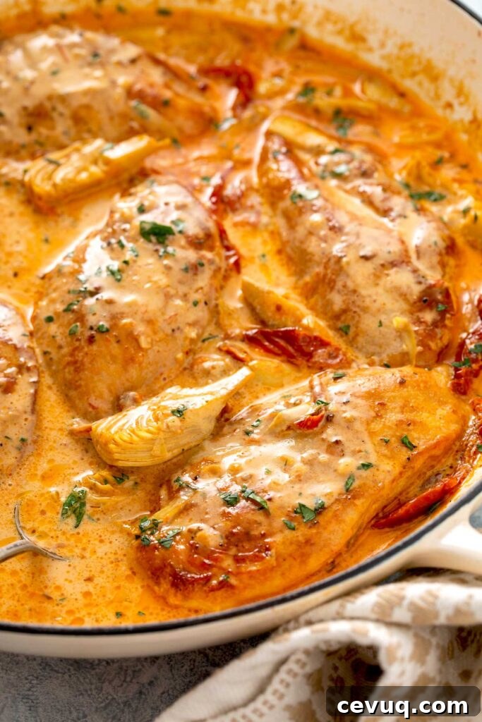 Creamy Sun-Dried Tomato Chicken with Garlic and Herbs 7 Chicken, sun dried tomato strips and artichokes smothered in sun dried tomato cream sauce in a skillet