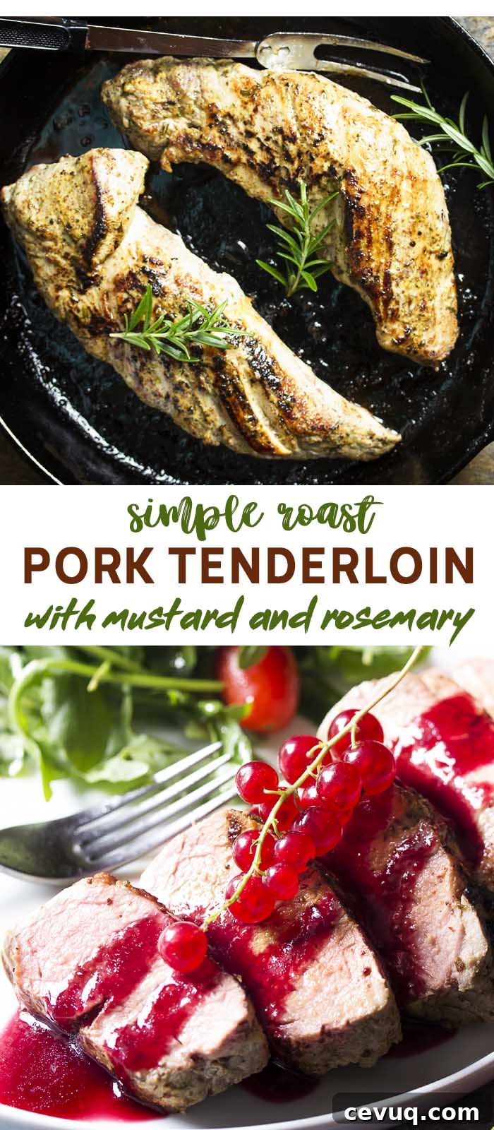 Seared pork in skillet and sliced on plate with text overlay - Pork Tenderloin.