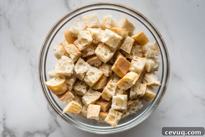 Bread cubes in a bowl.