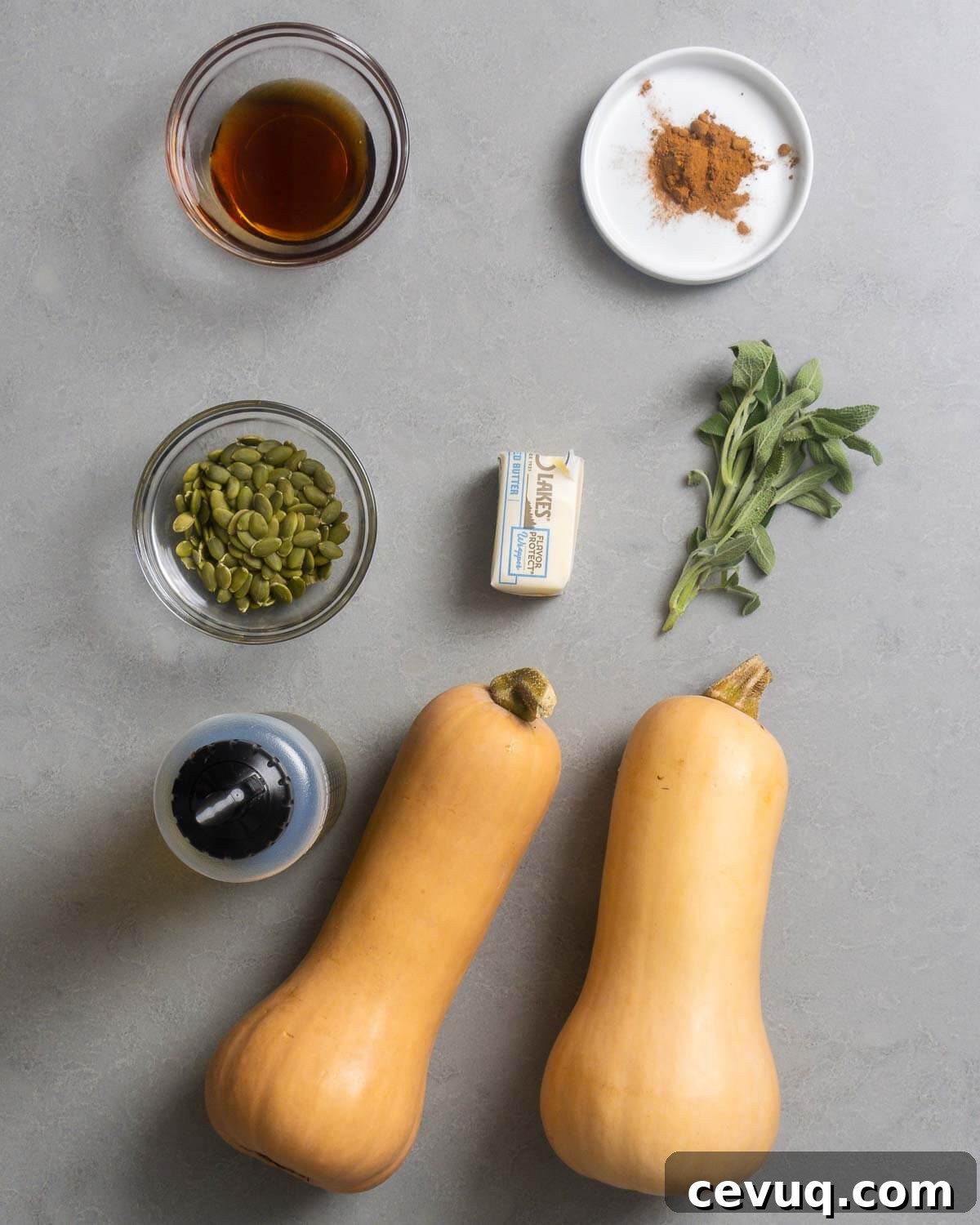 Ingredients shown: maple syrup, cinnamon, pumpkin seeds, butter, sage, olive oil, and butternut squash.