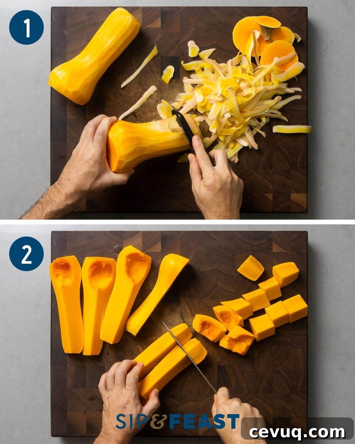Cinnamon roasted butternut squash recipe process collage group one showing peeling and chopping of butternut squash.