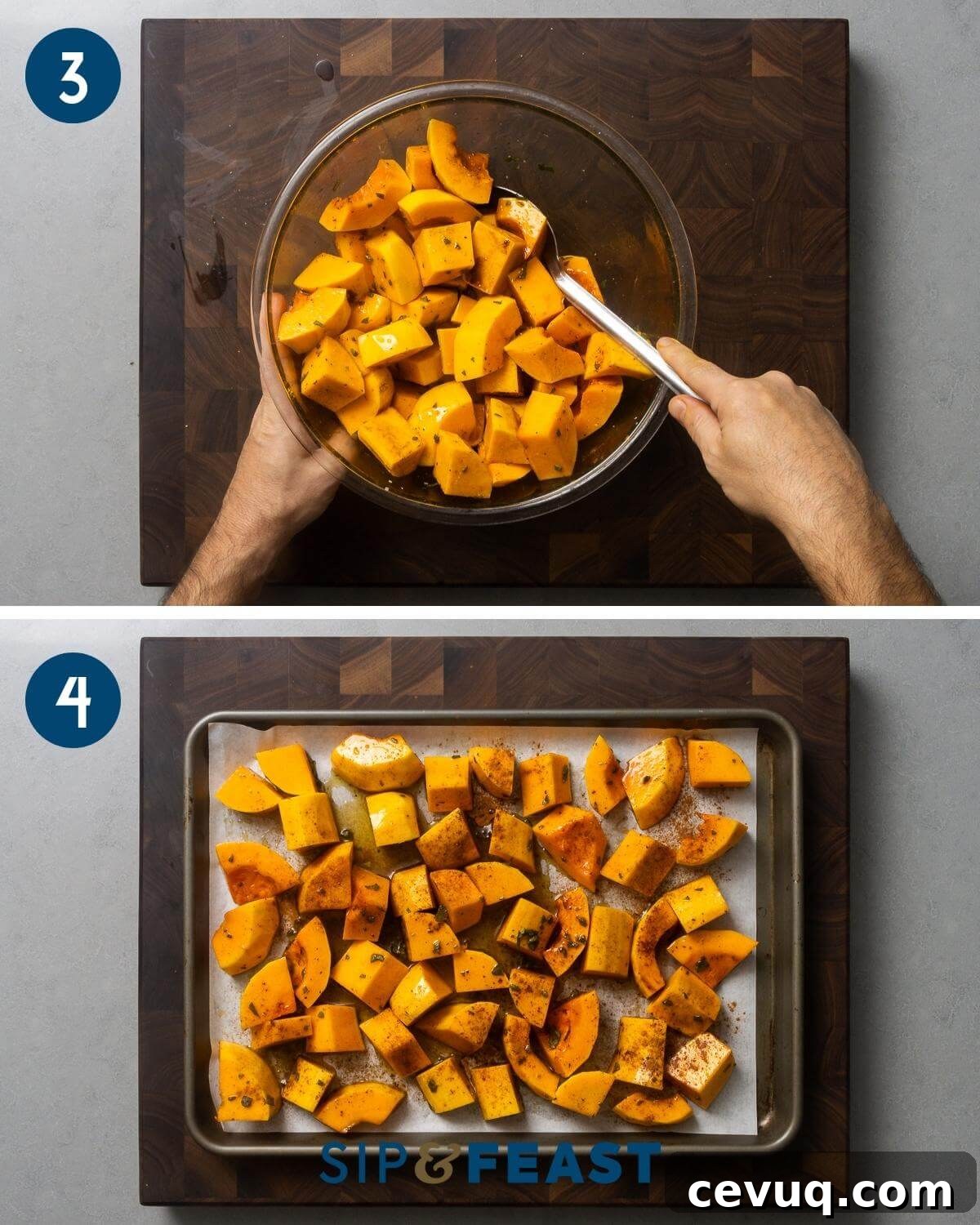 Recipe collage group number two showing tossing pieces in bowl and spreading them out onto a parchment paper lined baking sheet.