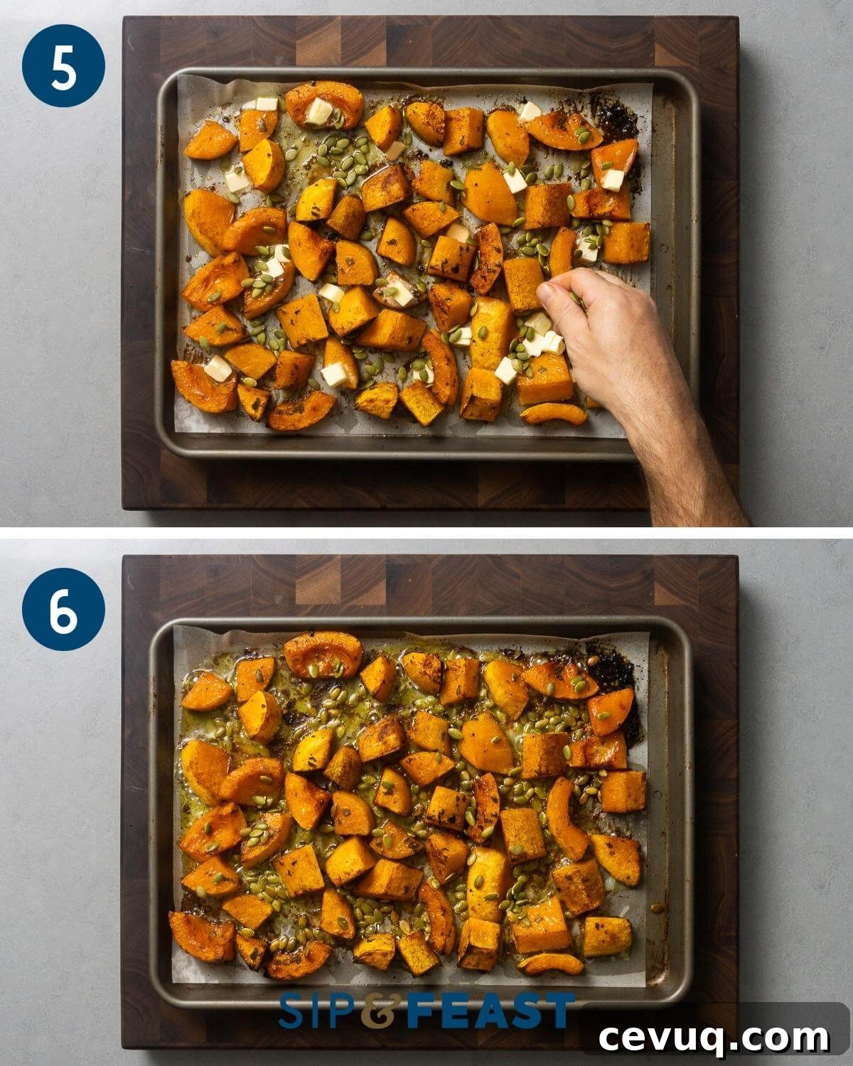 Recipe collage group number three showing image of sprinkling pumpkin seeds and butter cubes on top of squash and a final picture of the fully cooked dish.