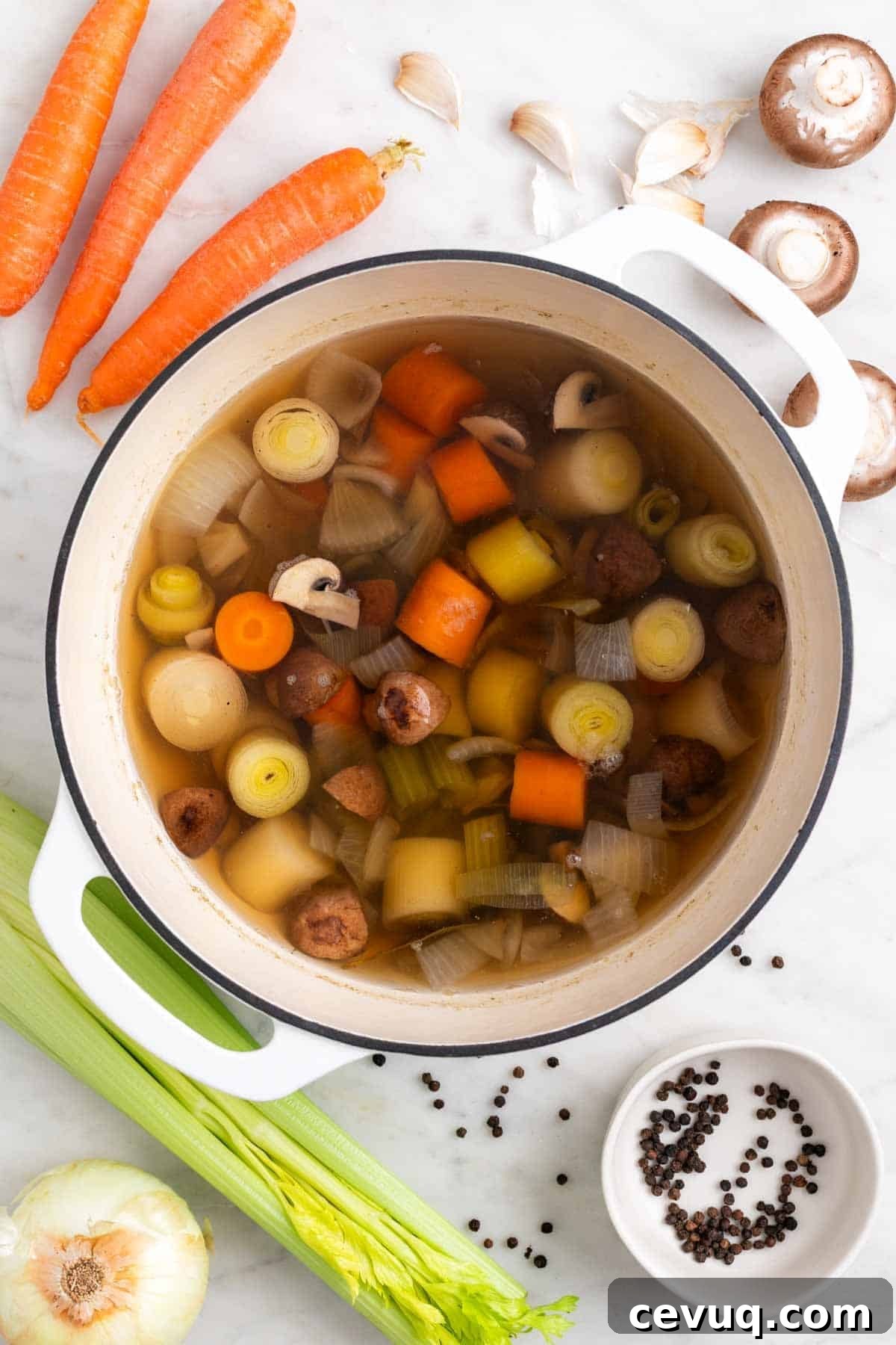 Pot with homemade vegetable broth and vegetables, with ingredients around it
