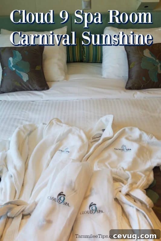 Carnival Sunshine Cloud 9 Spa Stateroom Tour & Review (Video) 2 Cloud 9 Spa Room Carnival Sunshine over a bed with two robes and slippers on it