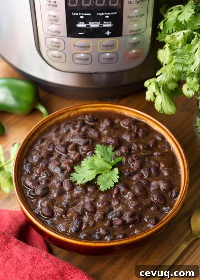 Cuban Black Beans in a brown bowl in front of pressure cooker