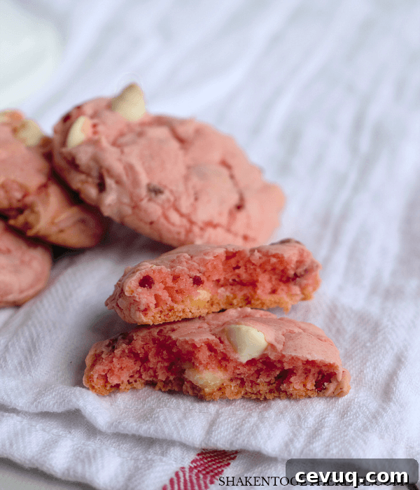 Double Strawberry White Chocolate Chip Cookies start with a cake mix and get a boost of strawberry flavor from a surprising ingredient!