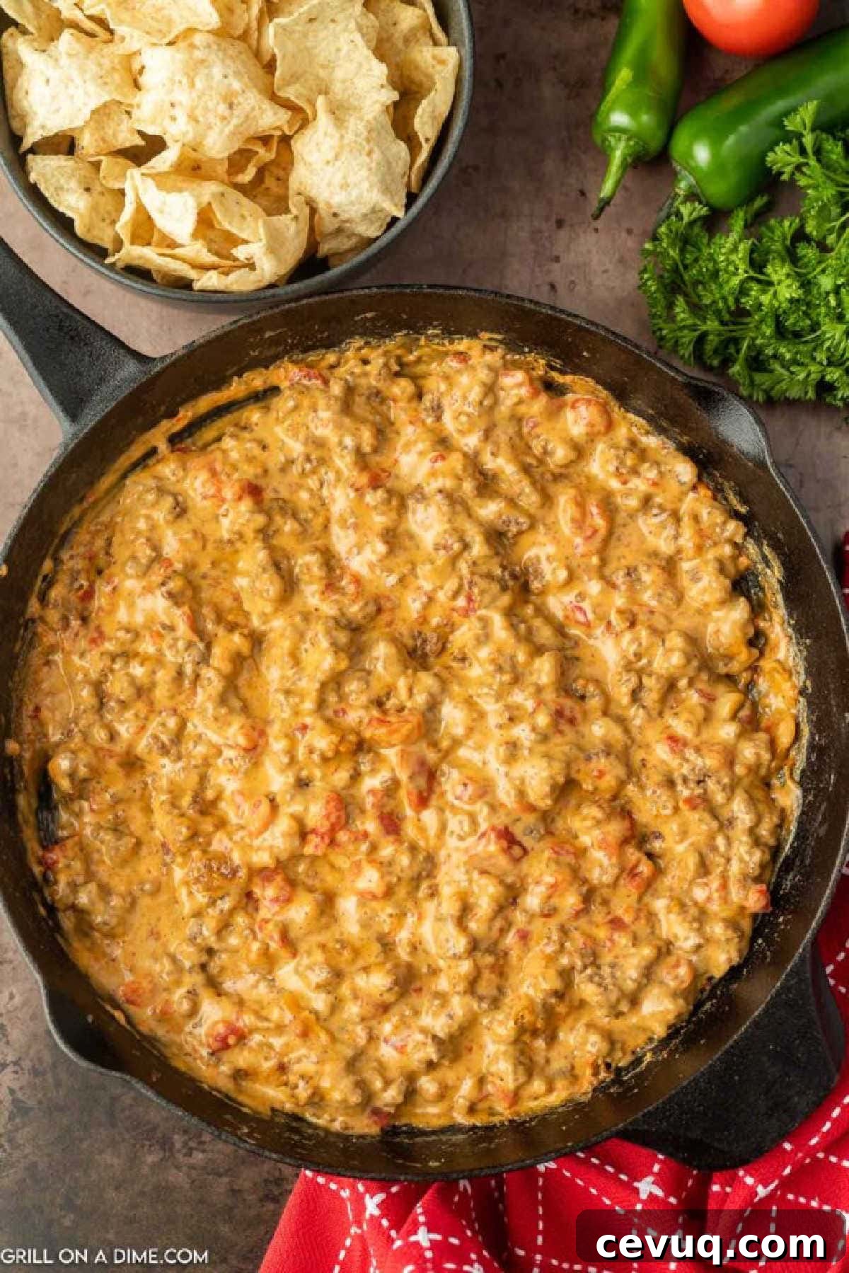 Queso dip in a cast iron skillet with a bowl of chips on the side