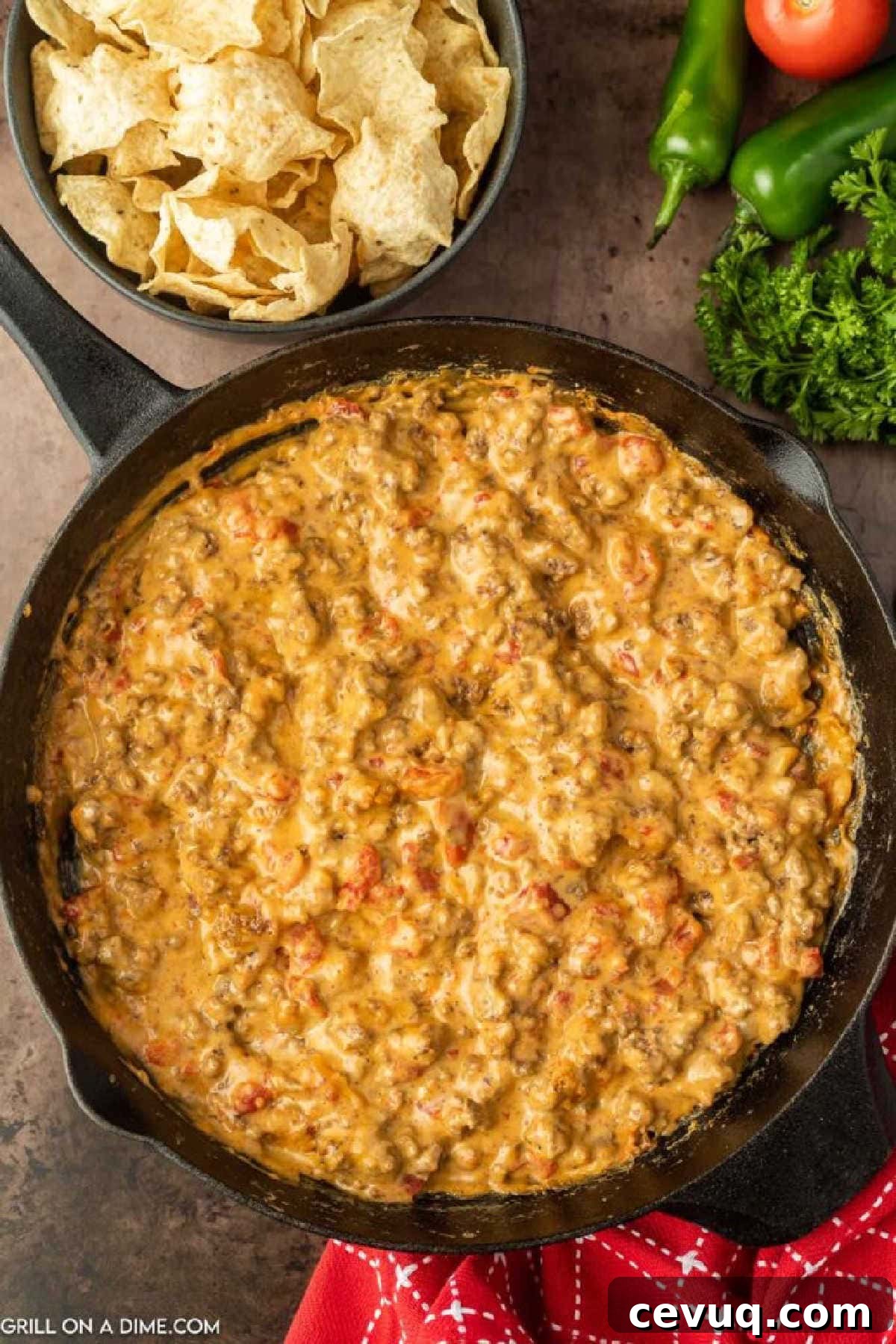 Queso dip in a cast iron skillet with a bowl of chips on the side