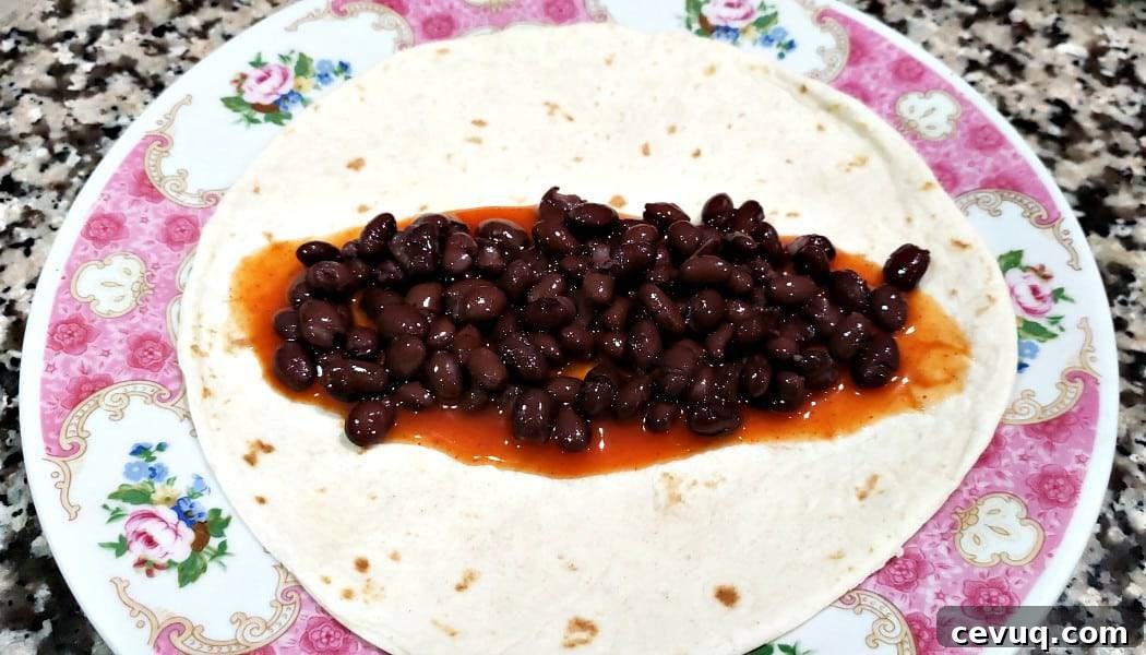 a plate with one tortilla topped with enchilada sauce and black beans