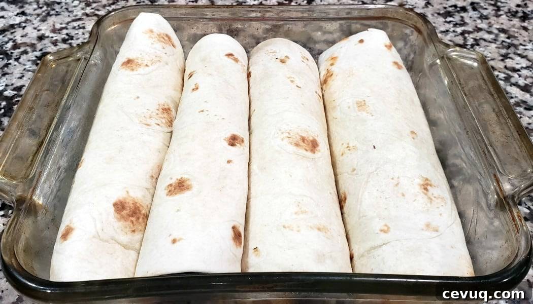four chicken enchiladas rolled up in a baking dish