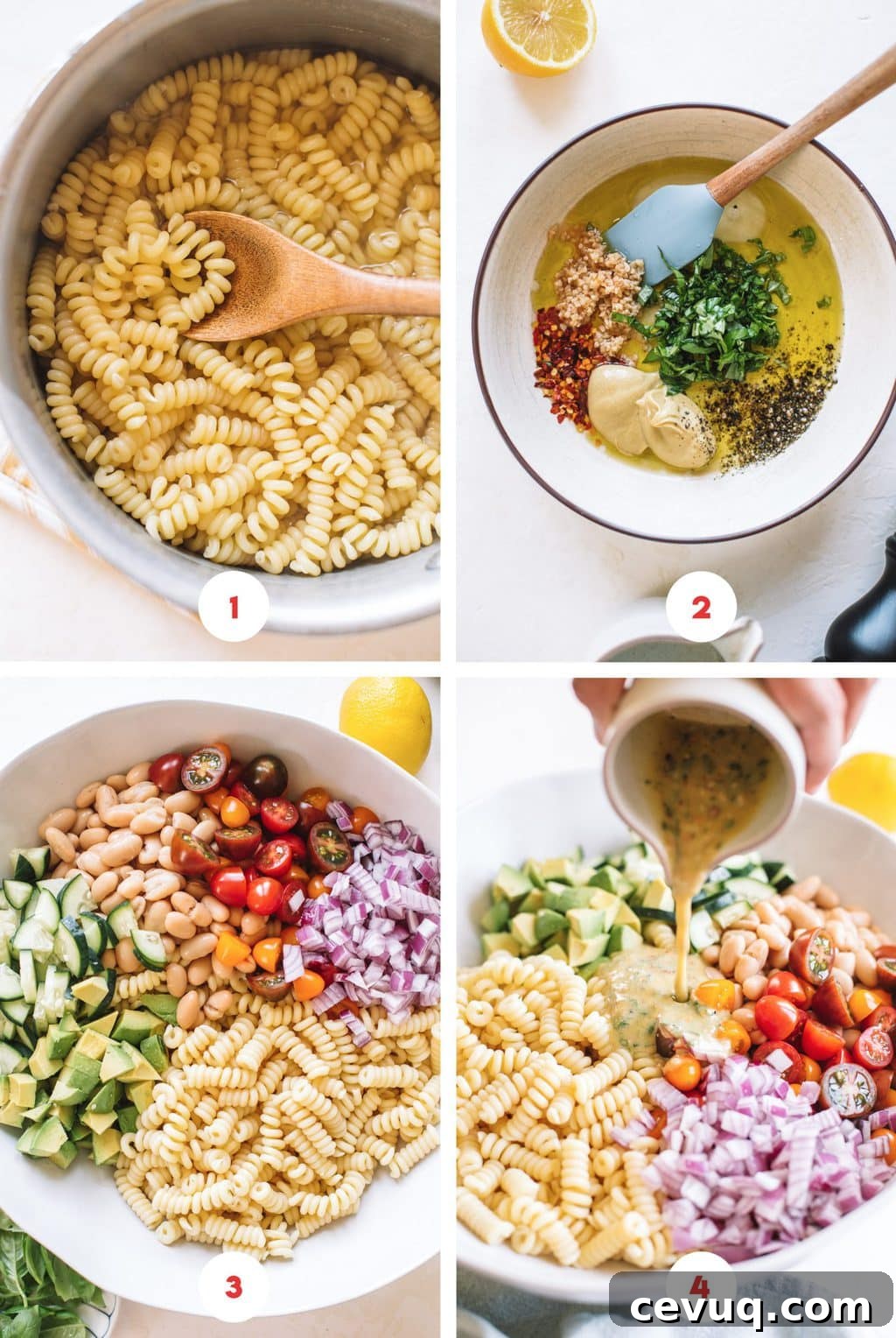 pasta in pot, lemon herb dressing in bowl, pasta salad ingredients in bowl, pouring dressing over pasta salad