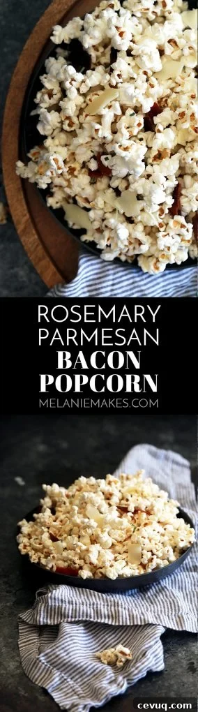 Rosemary Parmesan Bacon Popcorn: popcorn kernels are popped in bacon fat, then tossed with fresh rosemary, shaved Parmesan and crumbled bacon.