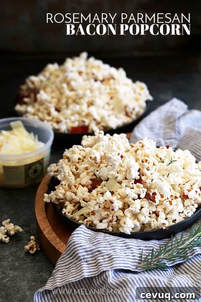 Rosemary Parmesan Bacon Popcorn: popcorn kernels are popped in bacon fat, then tossed with fresh rosemary, shaved Parmesan and crumbled bacon.