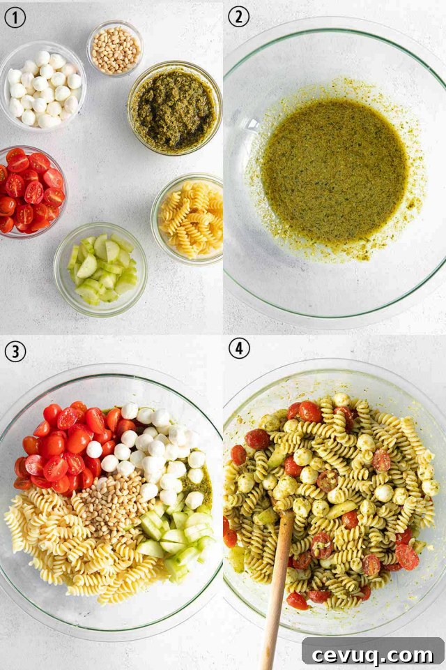 step by step photos of how to make summer pesto pasta salad