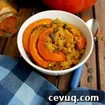 Vegan quinoa risotto "Quinotto" with roasted pumpkin, chick peas and saffron.