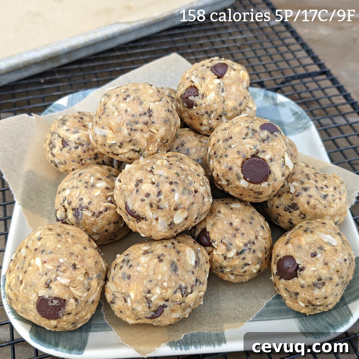 chocolate chip protein balls square with calories and macros