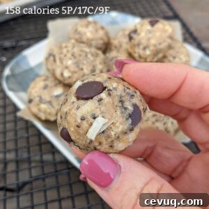 one chocolate chip protein ball square with calories and macros