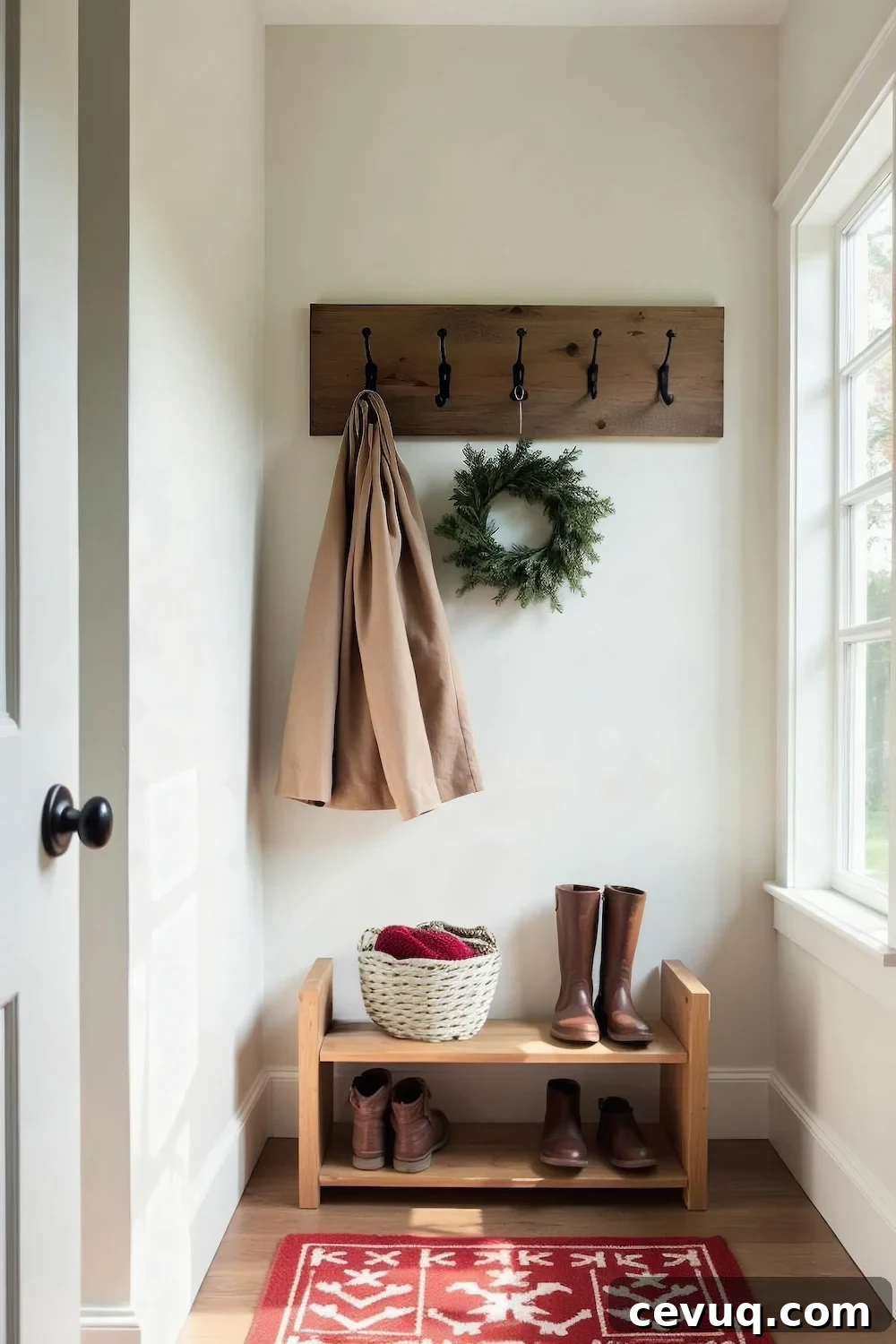 A minimalist white entryway with boots and winter accessories on a wooden bench and jackets hanging on a hook above with a minimalist evergreen wreath on the wall. 