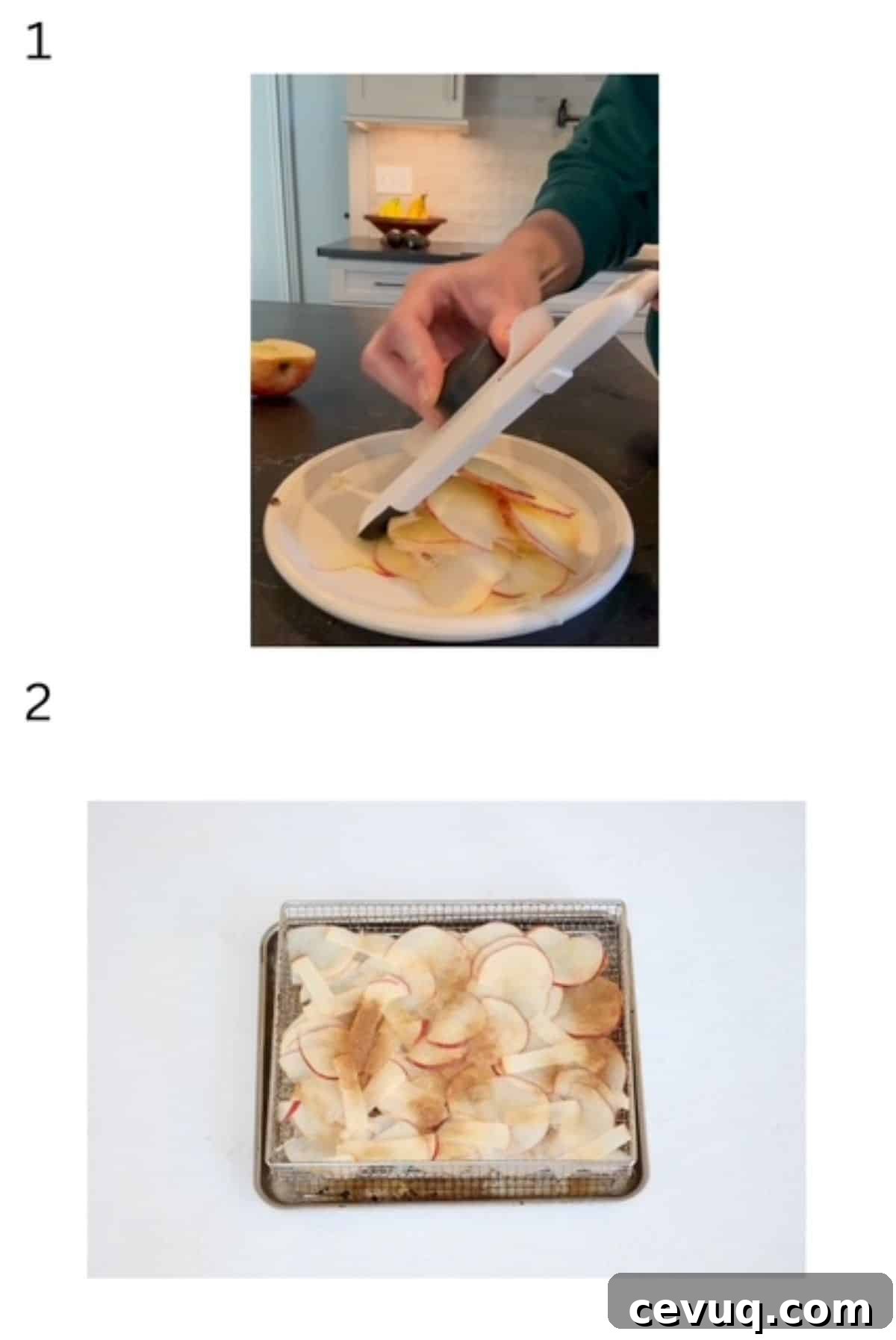 Crispy Air Fryer Apple Slices Recipe for Quick Snacks 3 Two numbered images showing how to slice apples for air frying.