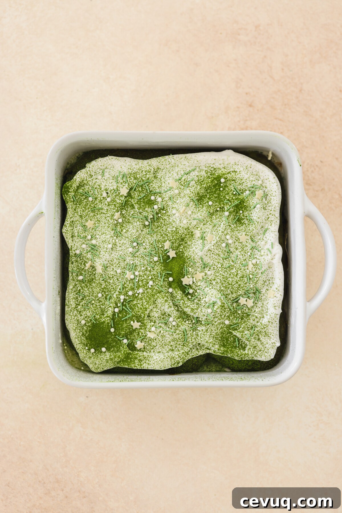 an overhead shot of a vegan tres leches cake in a baking pan