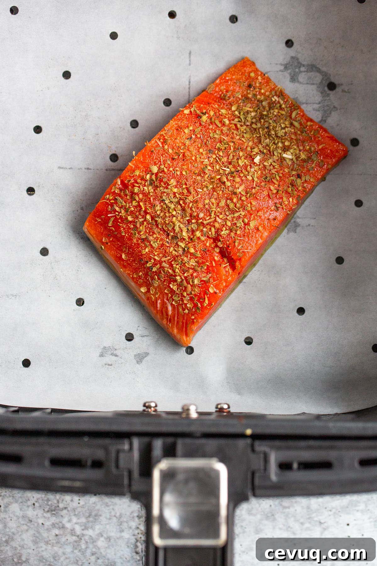 Uncooked salmon in air fryer basket.