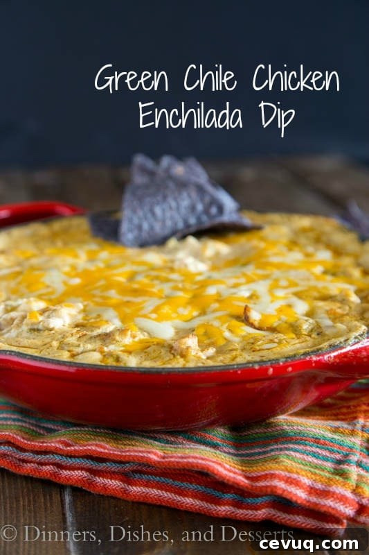 Green Chile Chicken Enchilada Dip - Bubbling hot gooey, cheesy enchilada dip.