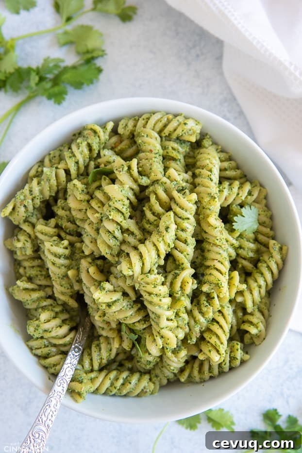 overhead shot of a bowl of creamy cilantro pasta with a spoon 