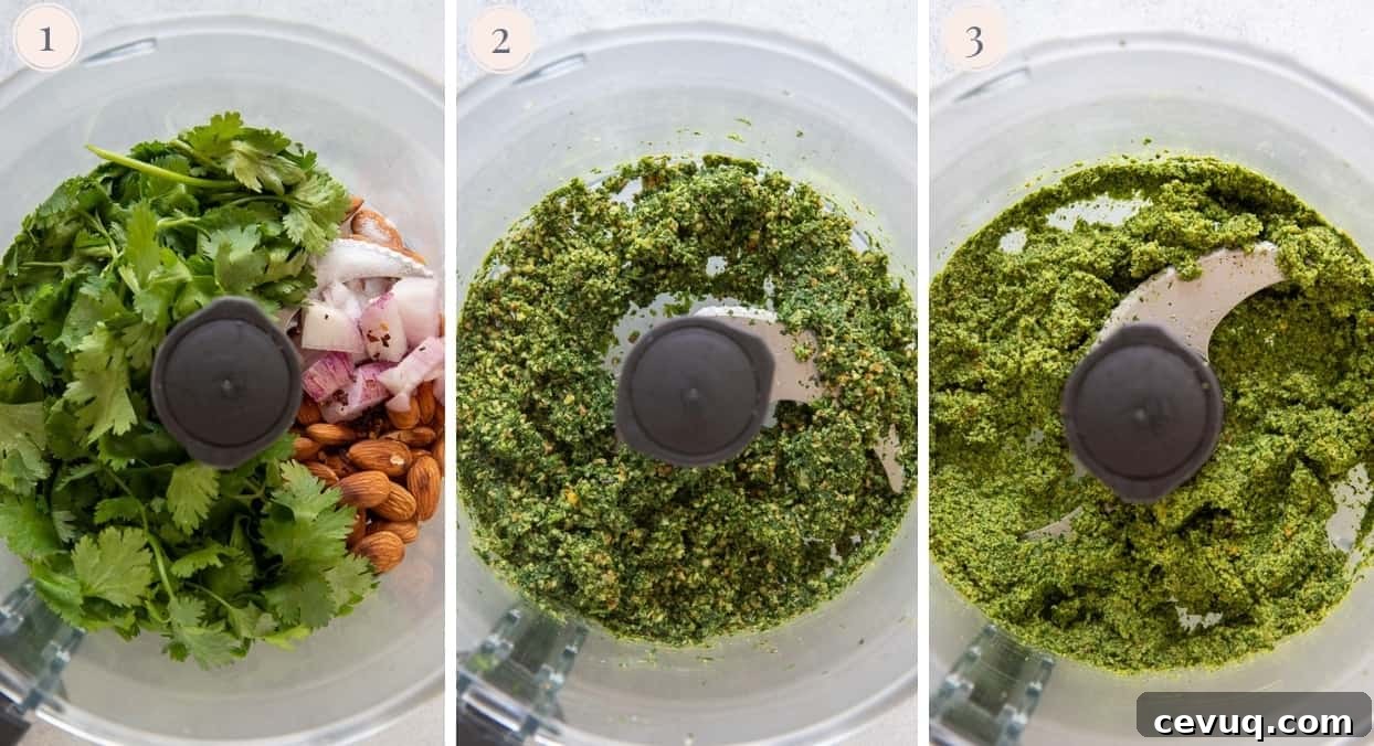 picture collage demonstrating how to make cilantro pesto in a blender 