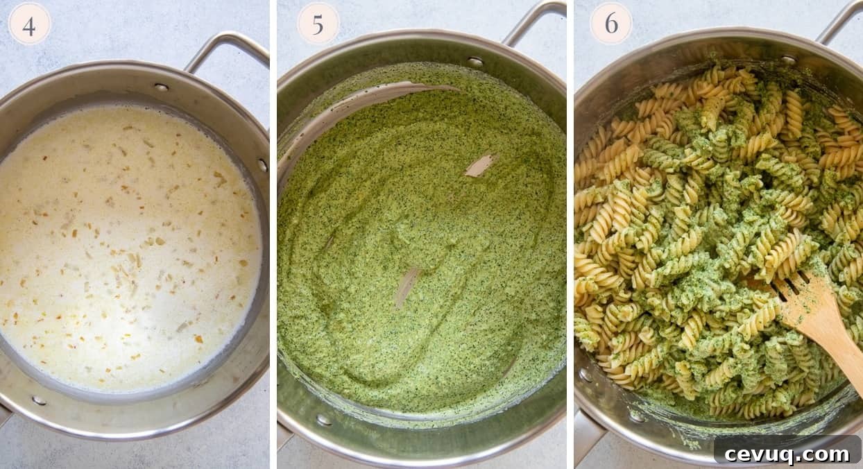 creamy cilantro pasta sauce being prepared in a saucepan and tossed with rotini 